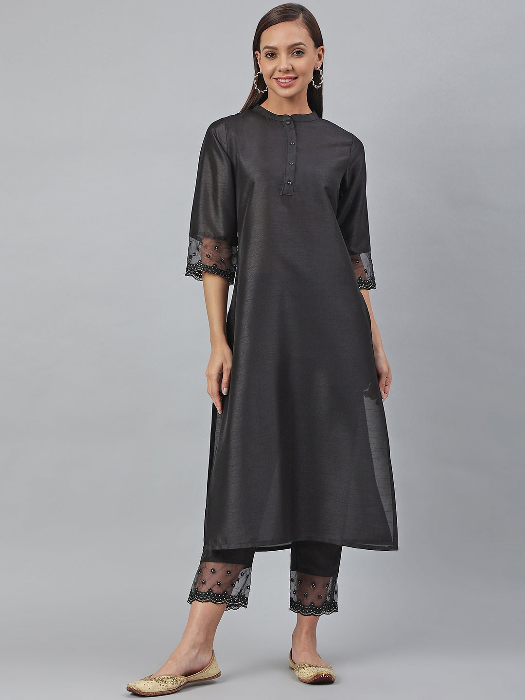 Black Poly Silk Solid Kurta with Pant