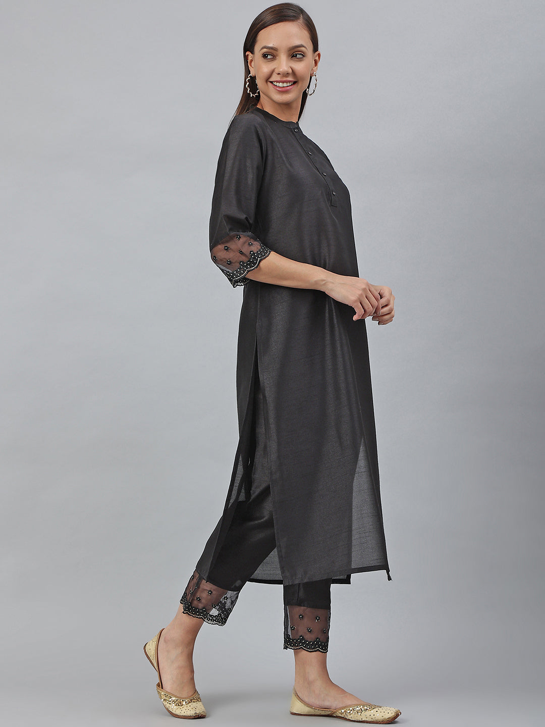 Black Poly Silk Solid Kurta with Pant