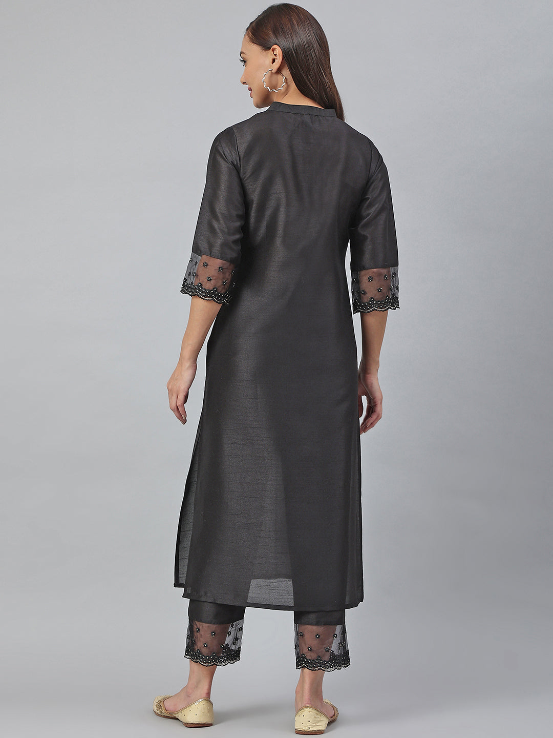 Black Poly Silk Solid Kurta with Pant