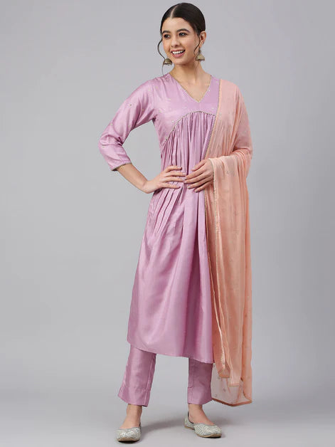 Poli Silk Solid Kurta with Pant & Dupatta - Mauve