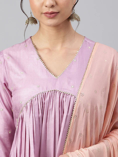 Poli Silk Solid Kurta with Pant & Dupatta - Mauve