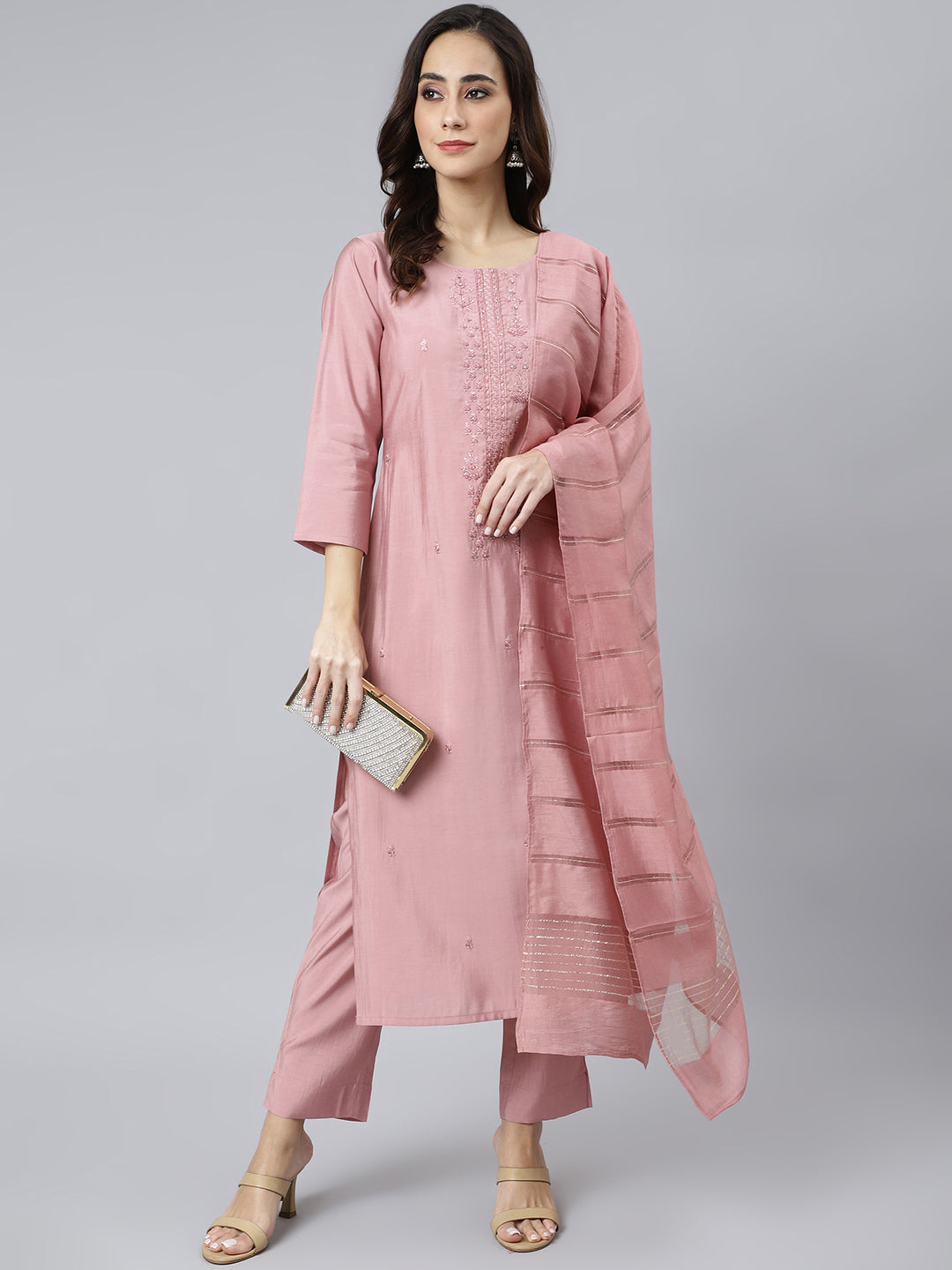 Poly Silk Thread Work Solid Kurta with Pant & Dupatta - Pink