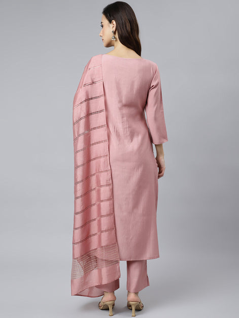 Poly Silk Thread Work Solid Kurta with Pant & Dupatta - Pink