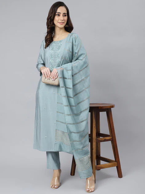 Poly Silk Thread Work Kurta with Pant - Turquoise