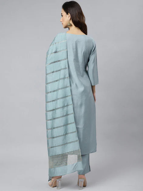 Poly Silk Thread Work Kurta with Pant - Turquoise