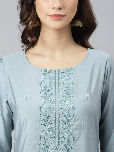 Poly Silk Thread Work Kurta with Pant - Turquoise