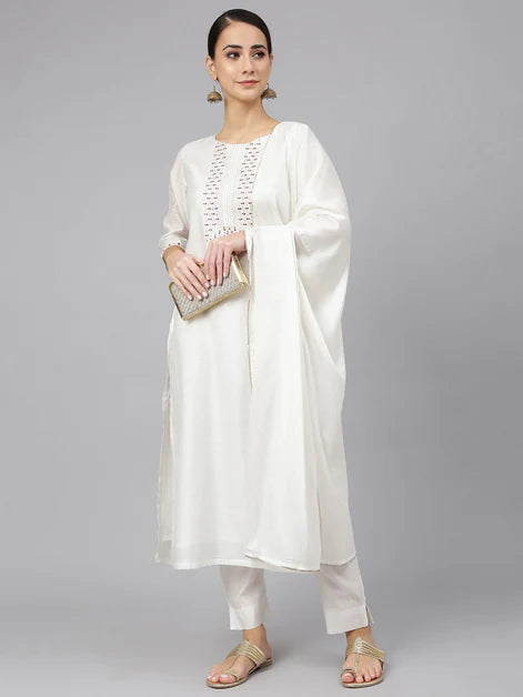 Poli Silk Solid Kurta with Pant & Dupatta - White