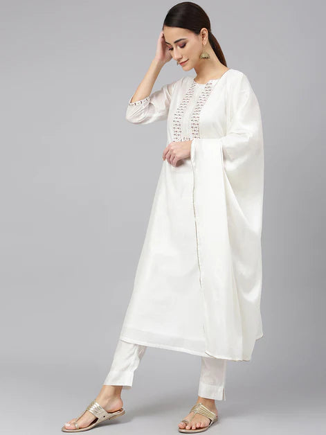 Poli Silk Solid Kurta with Pant & Dupatta - White