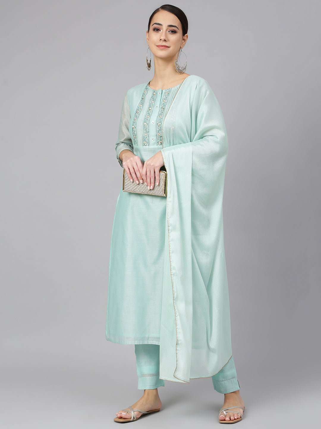 Chanderi Silk Solid Kurta with Pant & Dupatta - Sea Blue