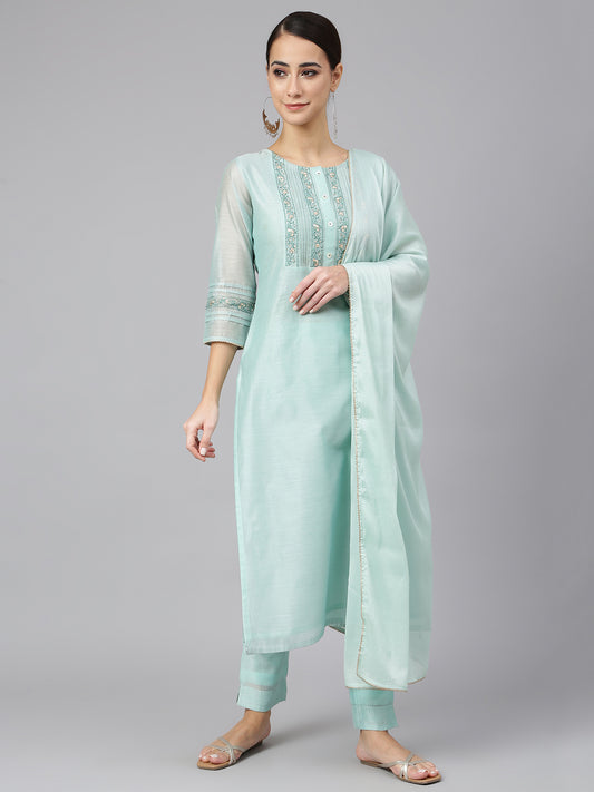 Chanderi Silk Solid Kurta with Pant & Dupatta - Sea Blue