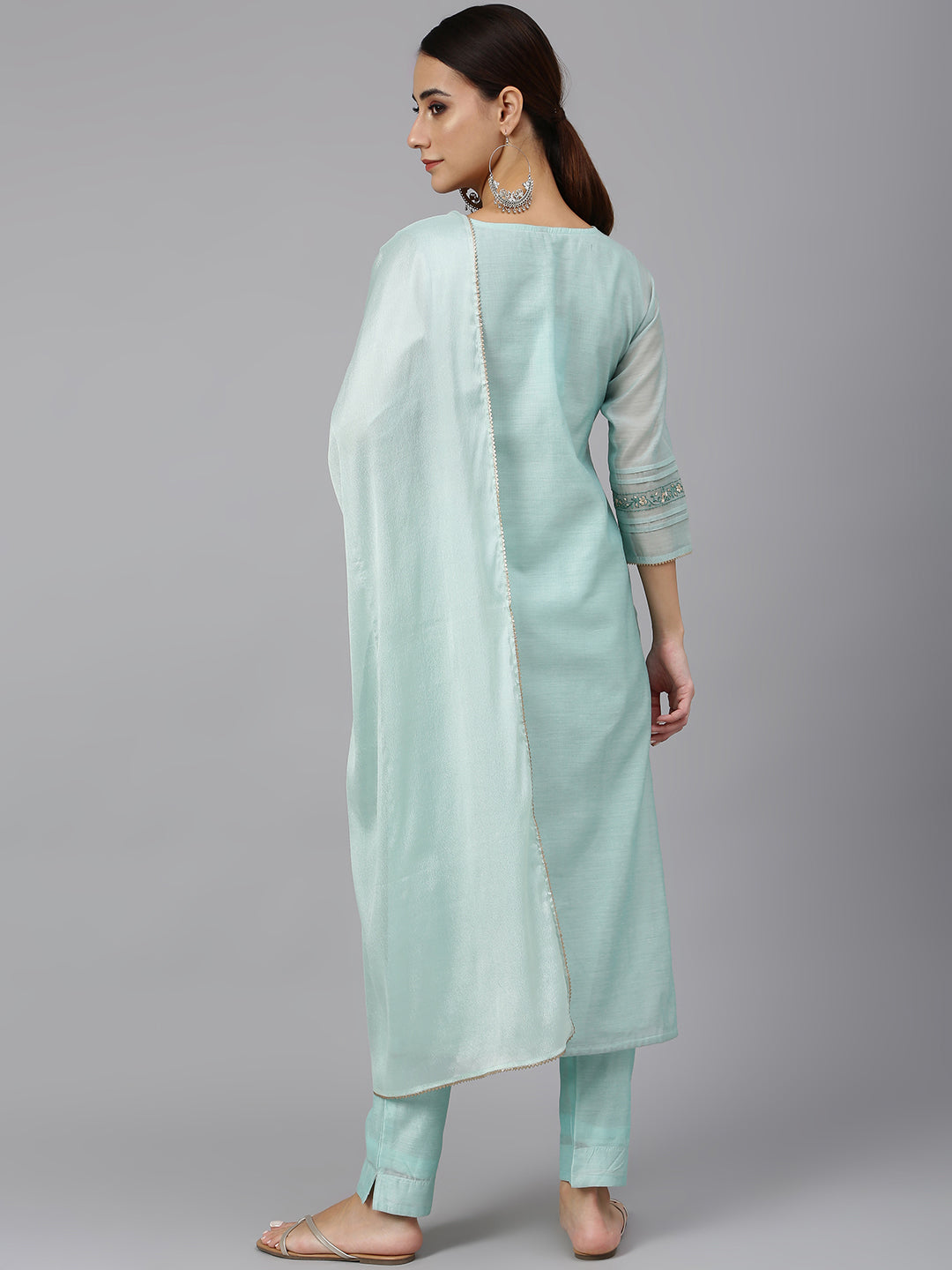 Chanderi Silk Solid Kurta with Pant & Dupatta - Sea Blue