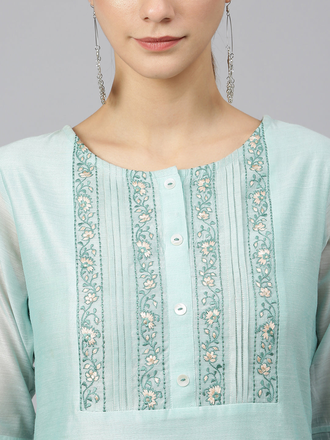 Chanderi Silk Solid Kurta with Pant & Dupatta - Sea Blue