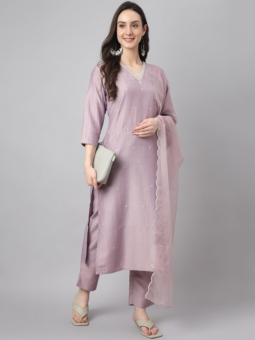 Chinon embellished Solid Kurta with Pant & Dupatta - Lavender