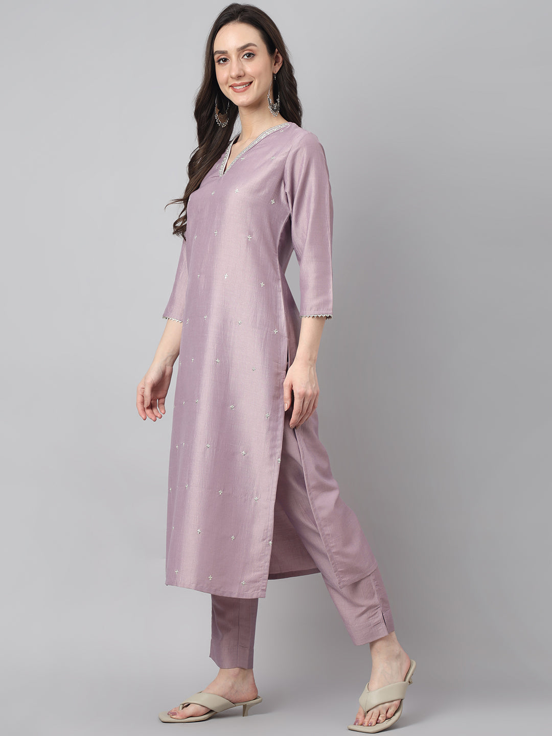 Chinon embellished Solid Kurta with Pant & Dupatta - Lavender