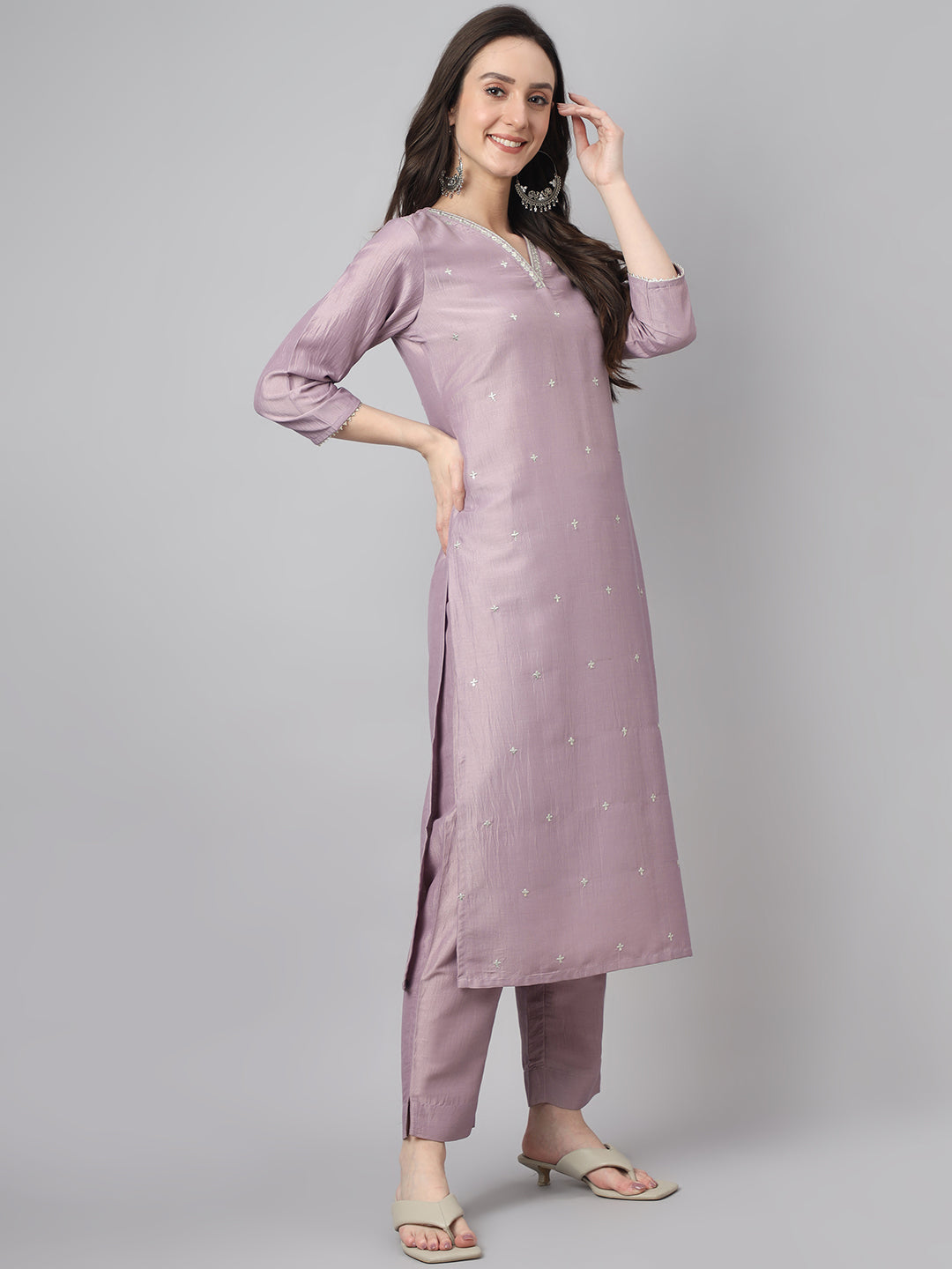 Chinon embellished Solid Kurta with Pant & Dupatta - Lavender