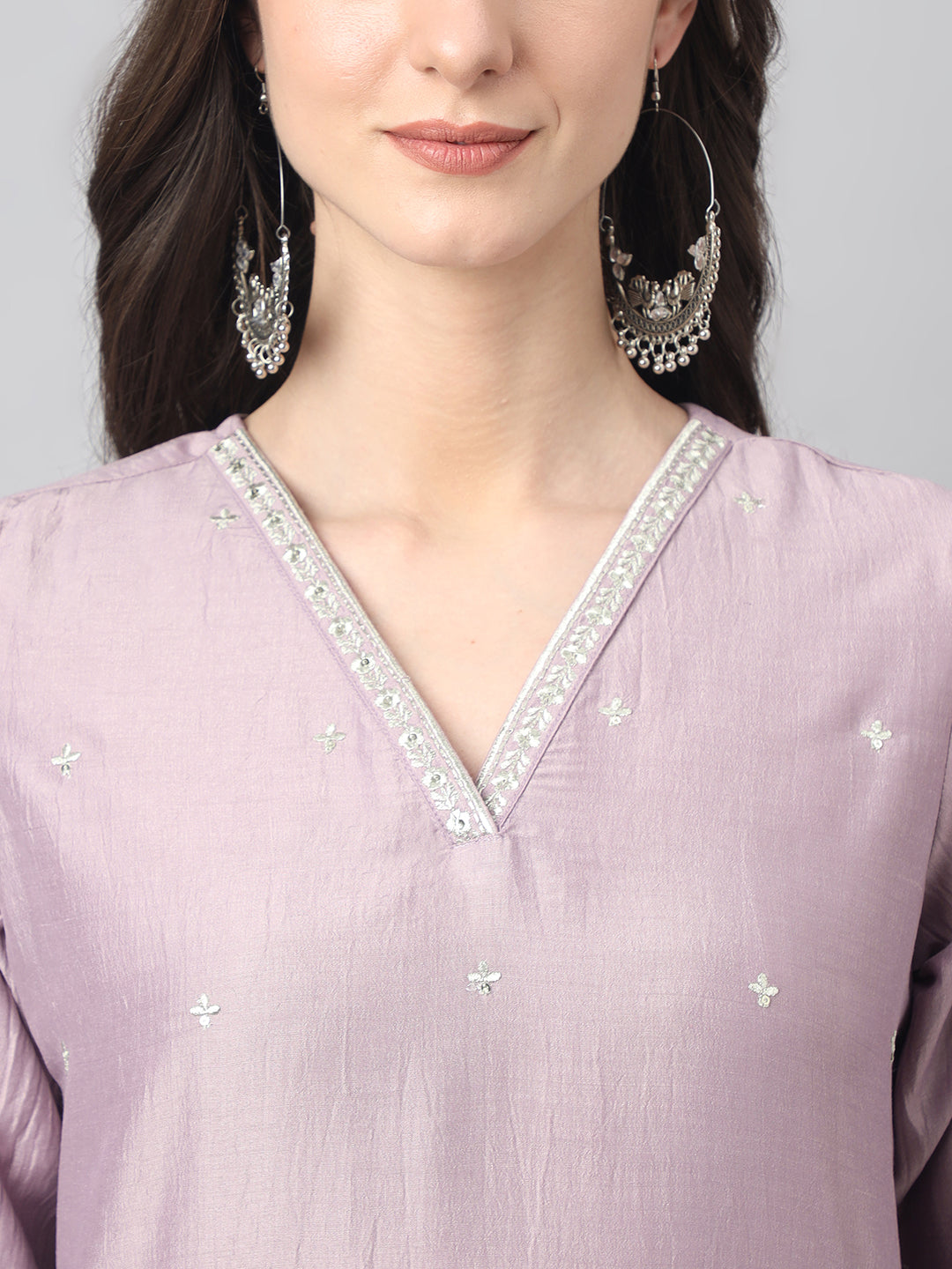 Chinon embellished Solid Kurta with Pant & Dupatta - Lavender