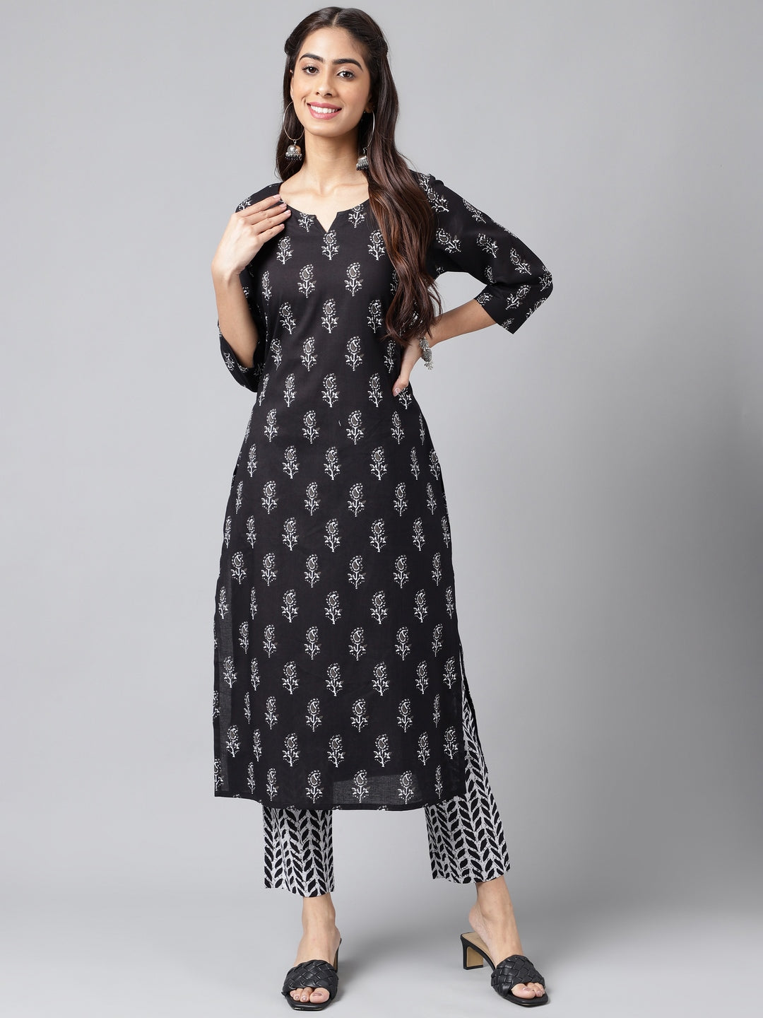 Black Cotton Paisley Printed Kurta with Pants