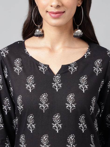 Black Cotton Paisley Printed Kurta with Pants