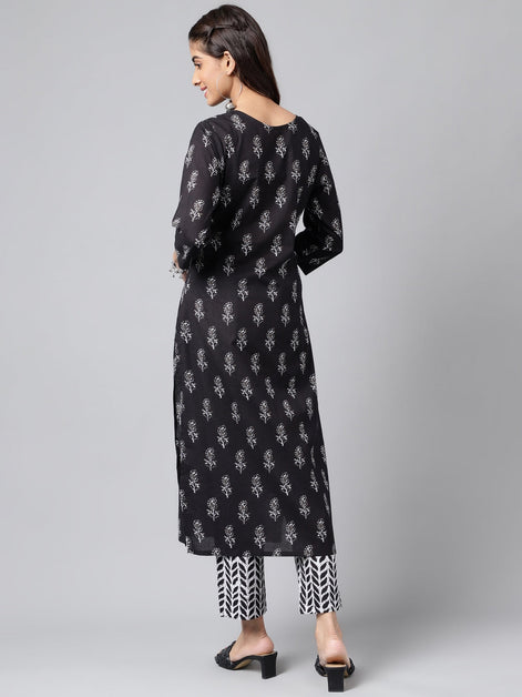 Black Cotton Paisley Printed Kurta with Pants